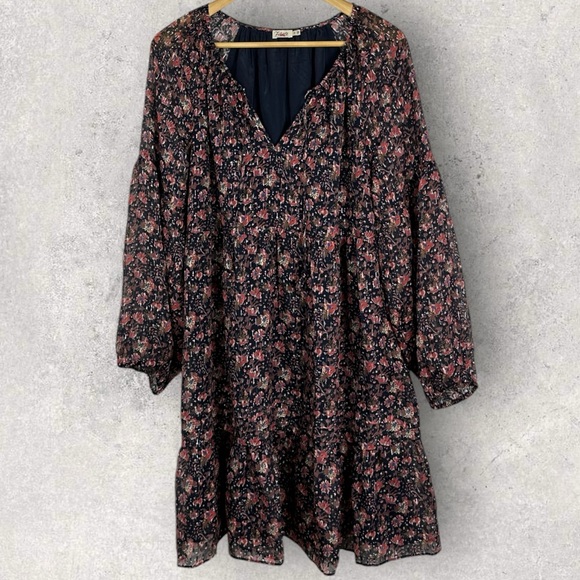 Faherty Silk Sage Wood Tiered Long Sleeve Shift Dress Womens Size Large Bohemian - Picture 14 of 14